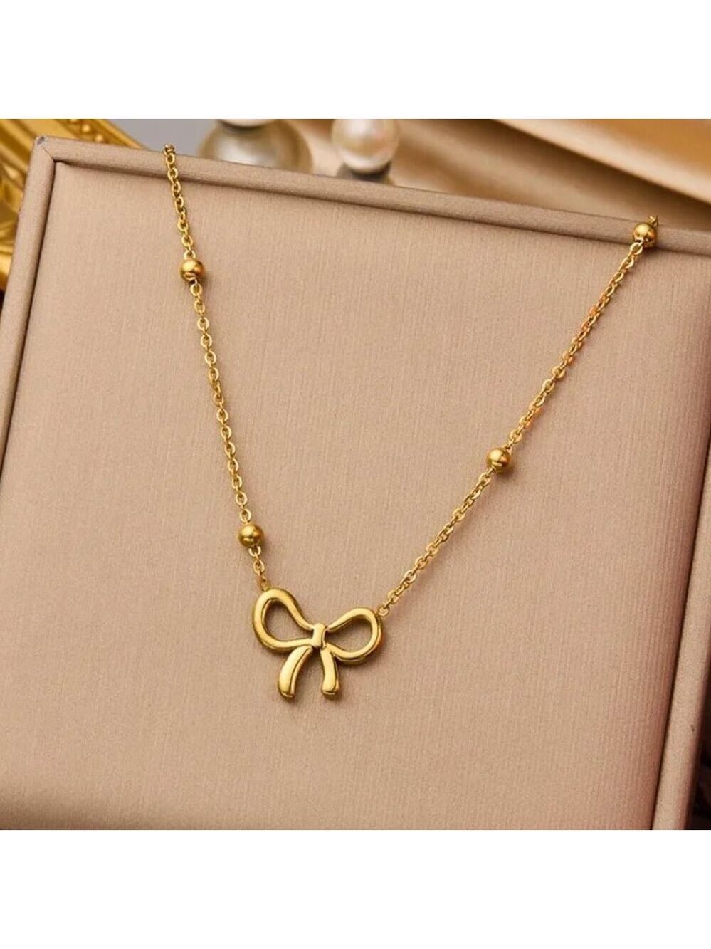 18K Gold Plated Bow Pendant Necklace, Satellite Chain